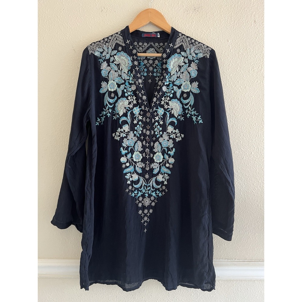 Johnny Was Darling Tunic Top Size M Navy Turquoise Floral Embroidered Cupra Boho